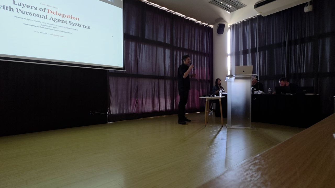 Chris Dietrich presenting Layers of Delegation with Personal Agent Systems at the Claude Code Event